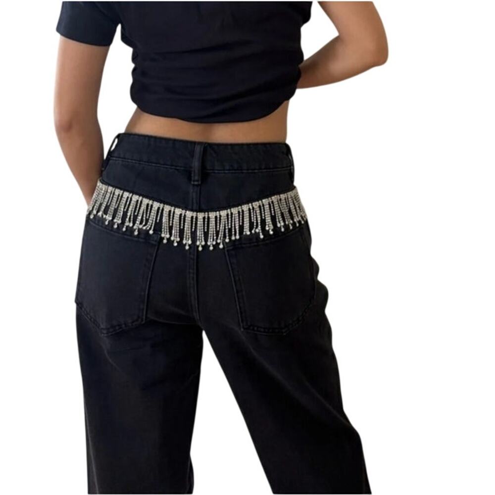 TWELVE by Ontwelfth Rhinestone Crystal Fringe Back High Rise Straight Jeans 26